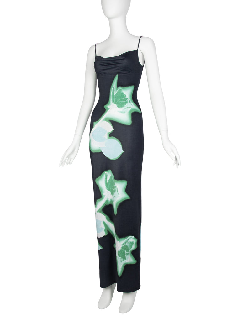 Plein Sud Vintage 1990s Black Green Abstract Rose Print Dress