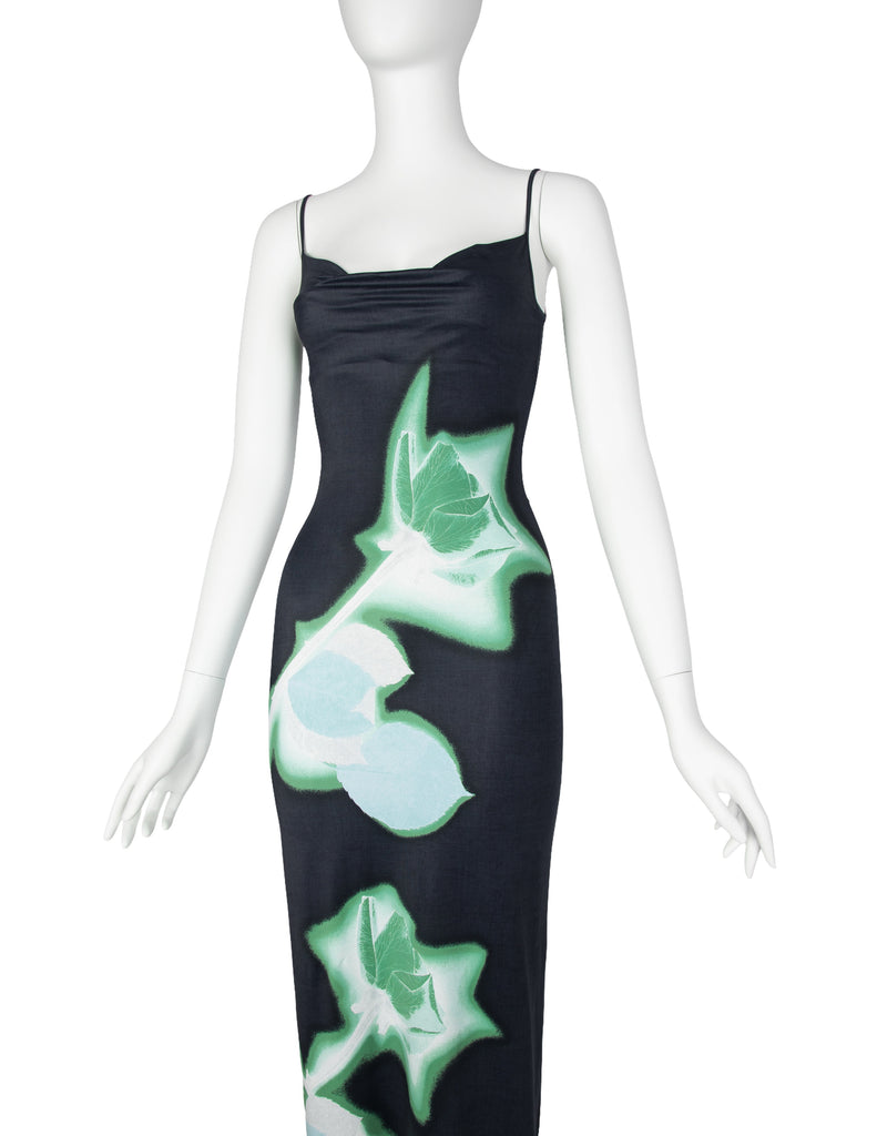 Plein Sud Vintage 1990s Black Green Abstract Rose Print Dress