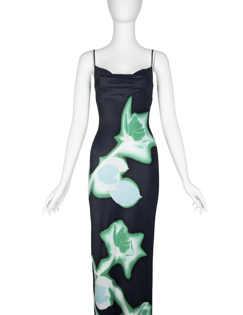 Plein Sud Vintage 1990s Black Green Abstract Rose Print Dress