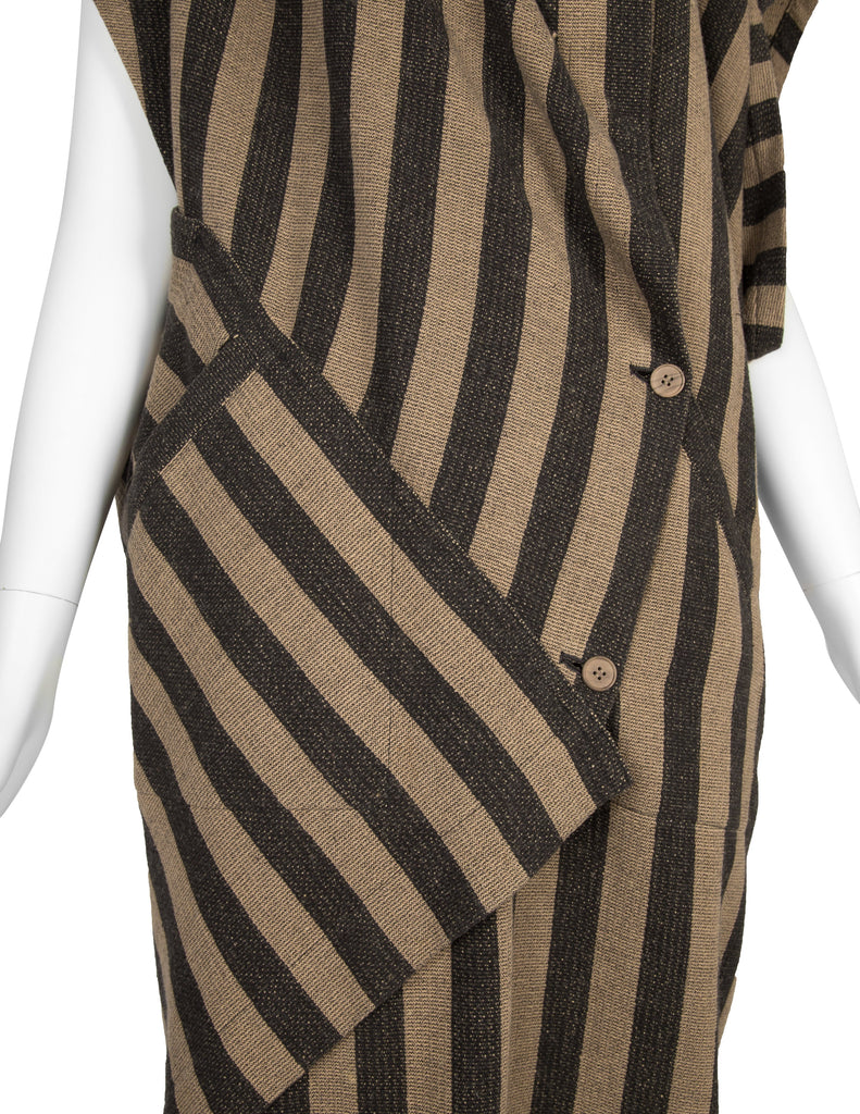 Issey Miyake AW 1984 Beige and Grey Striped Draping Conceptual Dress