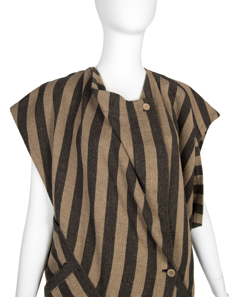 Issey Miyake AW 1984 Beige and Grey Striped Draping Conceptual Dress
