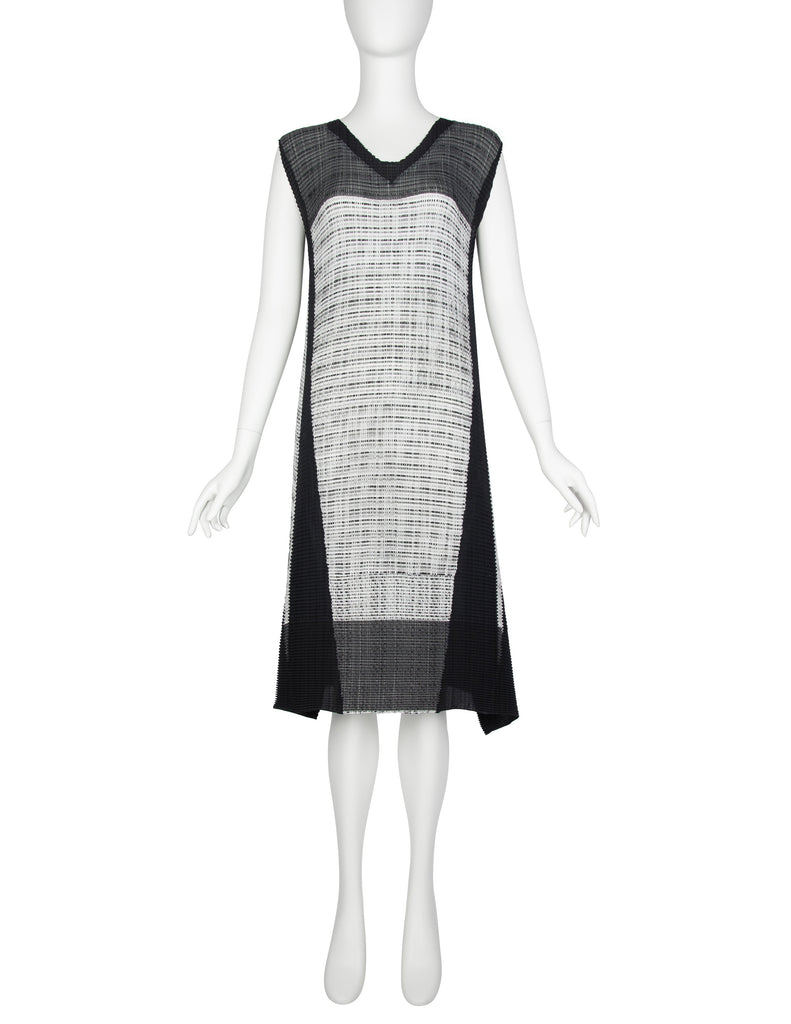 Issey Miyake Vintage Black and Grey Graphic Pleated A-Line Dress