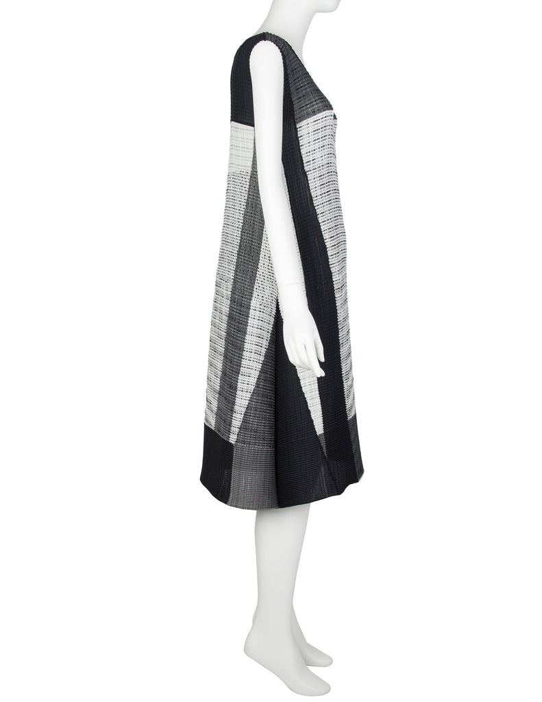Issey Miyake Vintage Black and Grey Graphic Pleated A-Line Dress