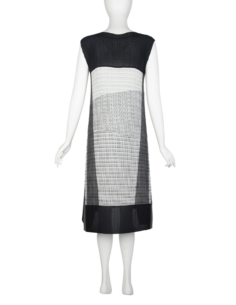 Issey Miyake Vintage Black and Grey Graphic Pleated A-Line Dress