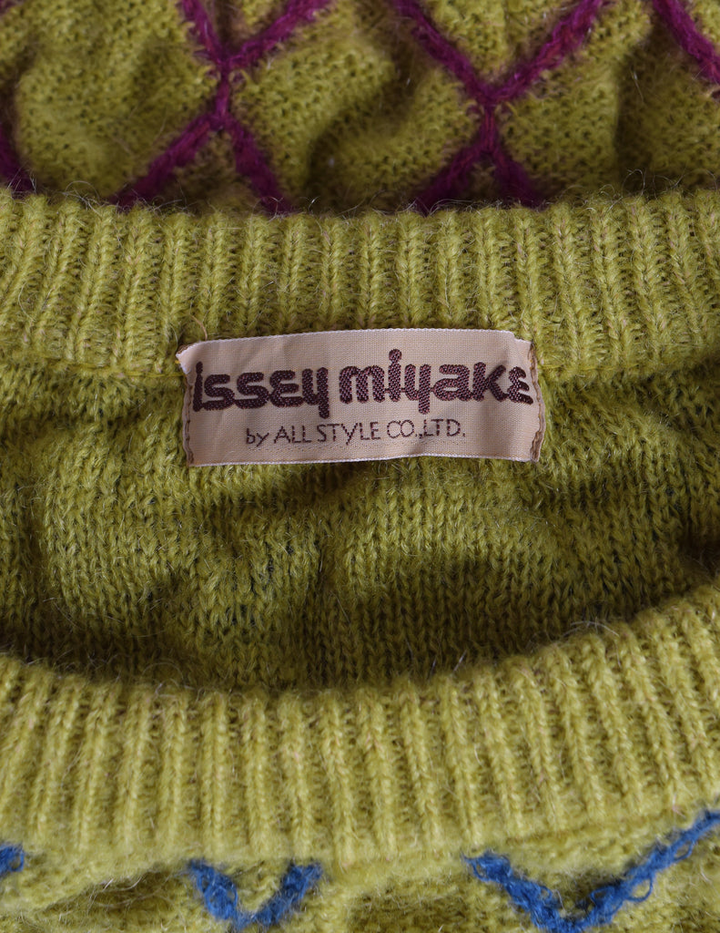 Issey Miyake Vintage Late 1970s Chartreuse Diamond Smocked Ruched Wool Knit Sweater Dress