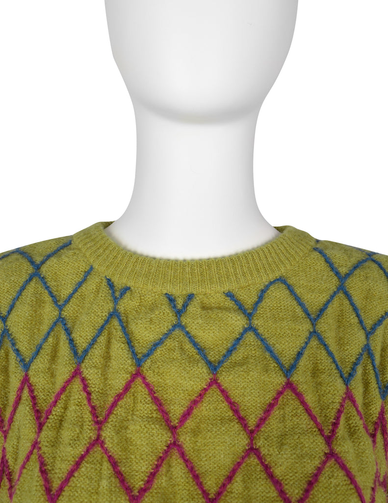 Issey Miyake Vintage Late 1970s Chartreuse Diamond Smocked Ruched Wool Knit Sweater Dress
