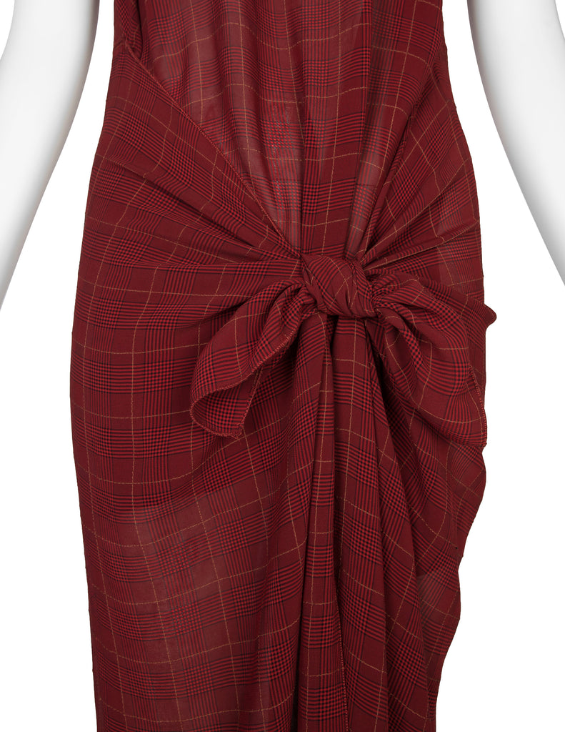 Jean Paul Gaultier Vintage SS 1994 'Les Tatouages' Collection Sheer Burgundy Plaid Knotted Wrap Dress
