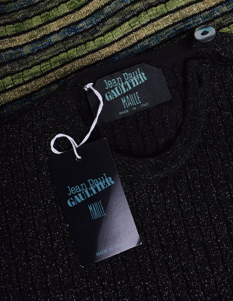 Jean Paul Gaultier Vintage AW 1990 Green Blue Black Gold Sparkly Striped Knit Mini Dress