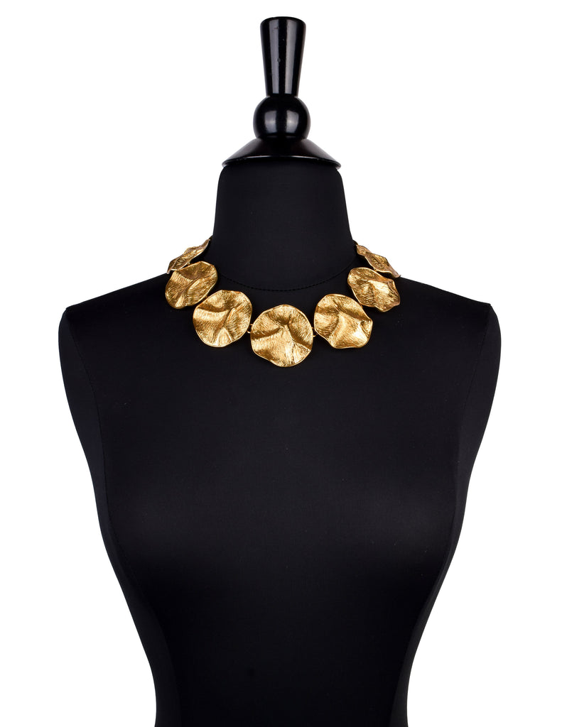Yves Saint Laurent Vintage Phenomenal Golden Crinkled Disc Statement Necklace