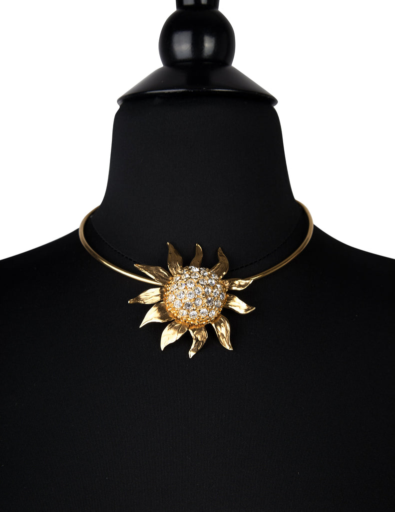 Yves Saint Laurent Vintage Rhinestone Golden Sunflower Pendant Choker