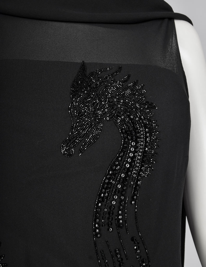 John Richmond Vintage Black Sheer Silk Beaded Dragon Mini Dress with Attached Scarf Cape
