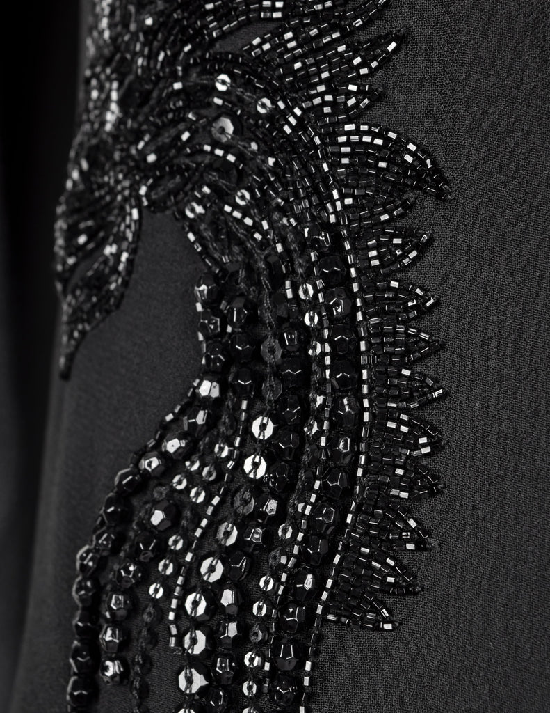 John Richmond Vintage Black Sheer Silk Beaded Dragon Mini Dress with Attached Scarf Cape