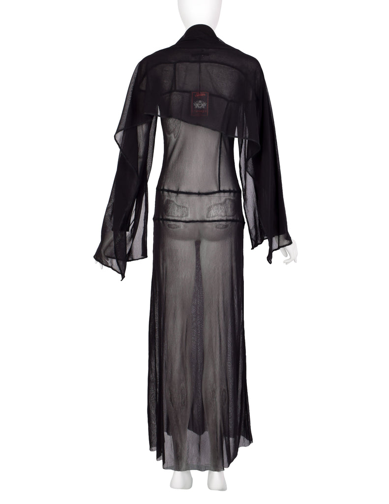 Jean Paul Gaultier Vintage AW 2000 Black Sheer Pieced Panel Mesh Dress with Attached Scarf
