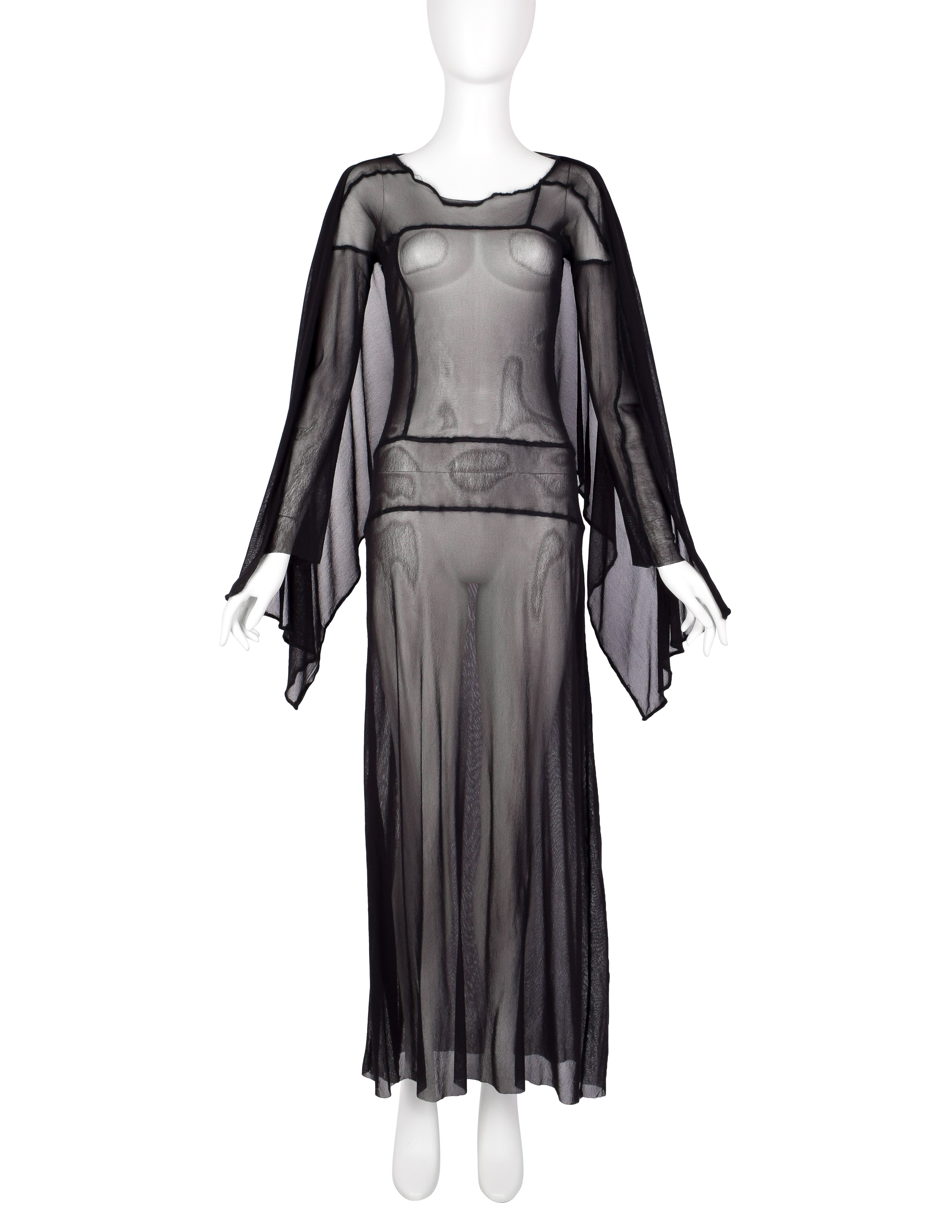 Jean Paul Gaultier Vintage AW 2000 Black Sheer Pieced Panel Mesh Dress with Attached Scarf