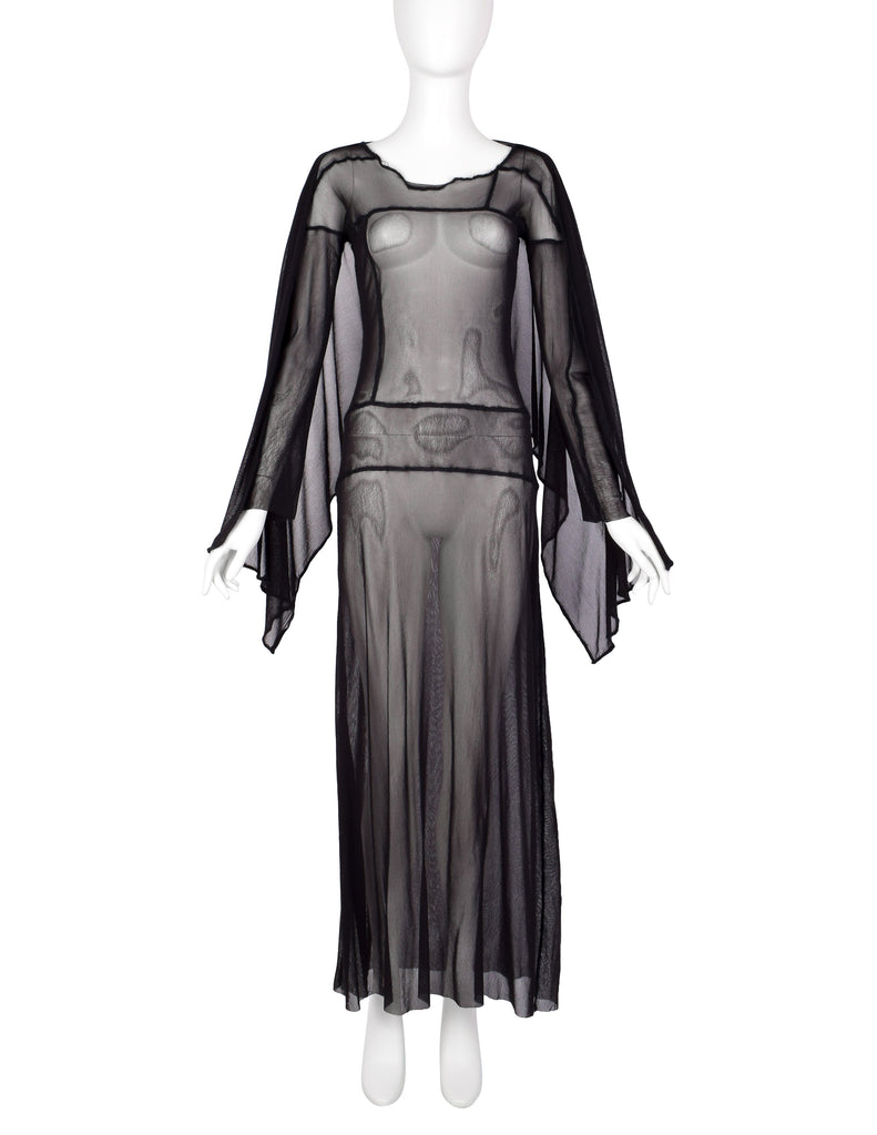 Jean Paul Gaultier Vintage AW 2000 Black Sheer Pieced Panel Mesh Dress with Attached Scarf