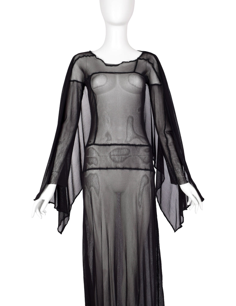 Jean Paul Gaultier Vintage AW 2000 Black Sheer Pieced Panel Mesh Dress with Attached Scarf