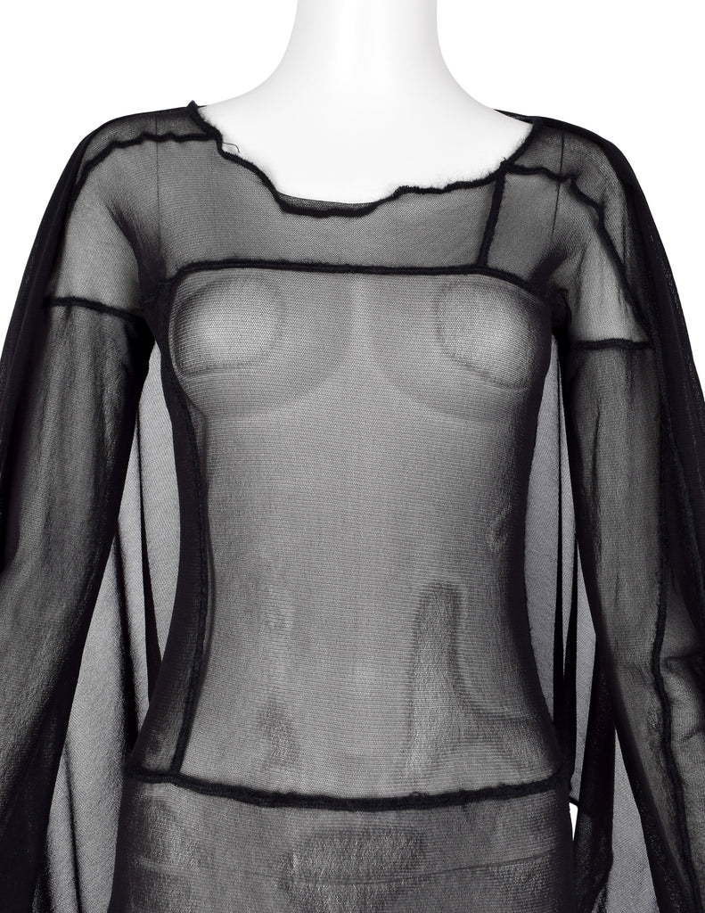 Jean Paul Gaultier Vintage AW 2000 Black Sheer Pieced Panel Mesh Dress with Attached Scarf
