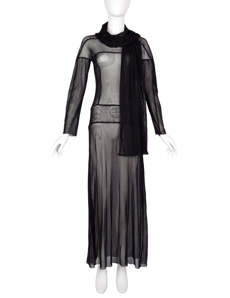 Jean Paul Gaultier Vintage AW 2000 Black Sheer Pieced Panel Mesh Dress with Attached Scarf