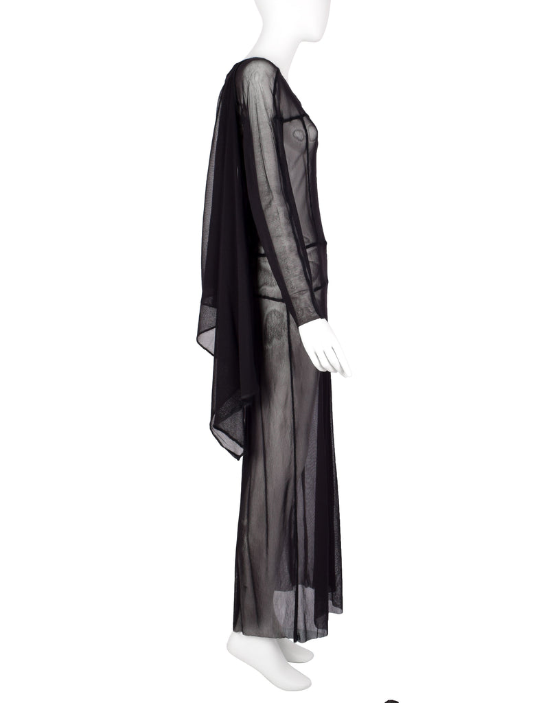 Jean Paul Gaultier Vintage AW 2000 Black Sheer Pieced Panel Mesh Dress with Attached Scarf