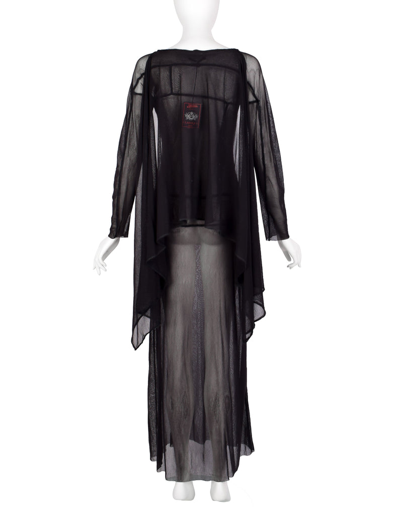 Jean Paul Gaultier Vintage AW 2000 Black Sheer Pieced Panel Mesh Dress with Attached Scarf