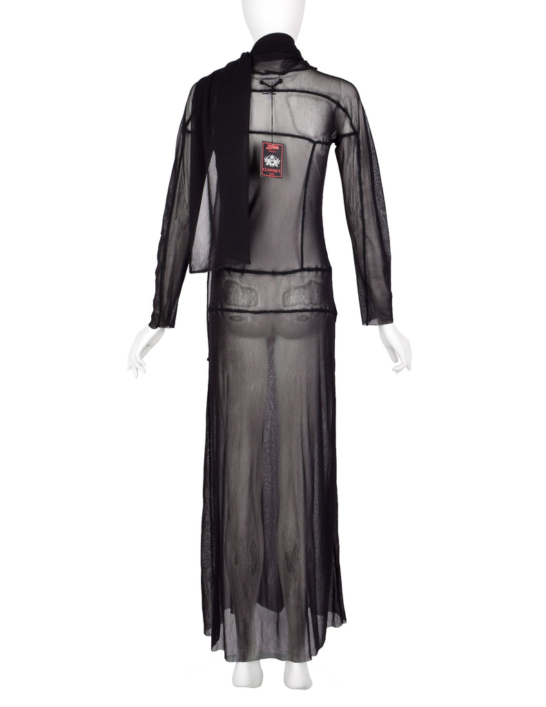 Jean Paul Gaultier Vintage AW 2000 Black Sheer Pieced Panel Mesh Dress with Attached Scarf