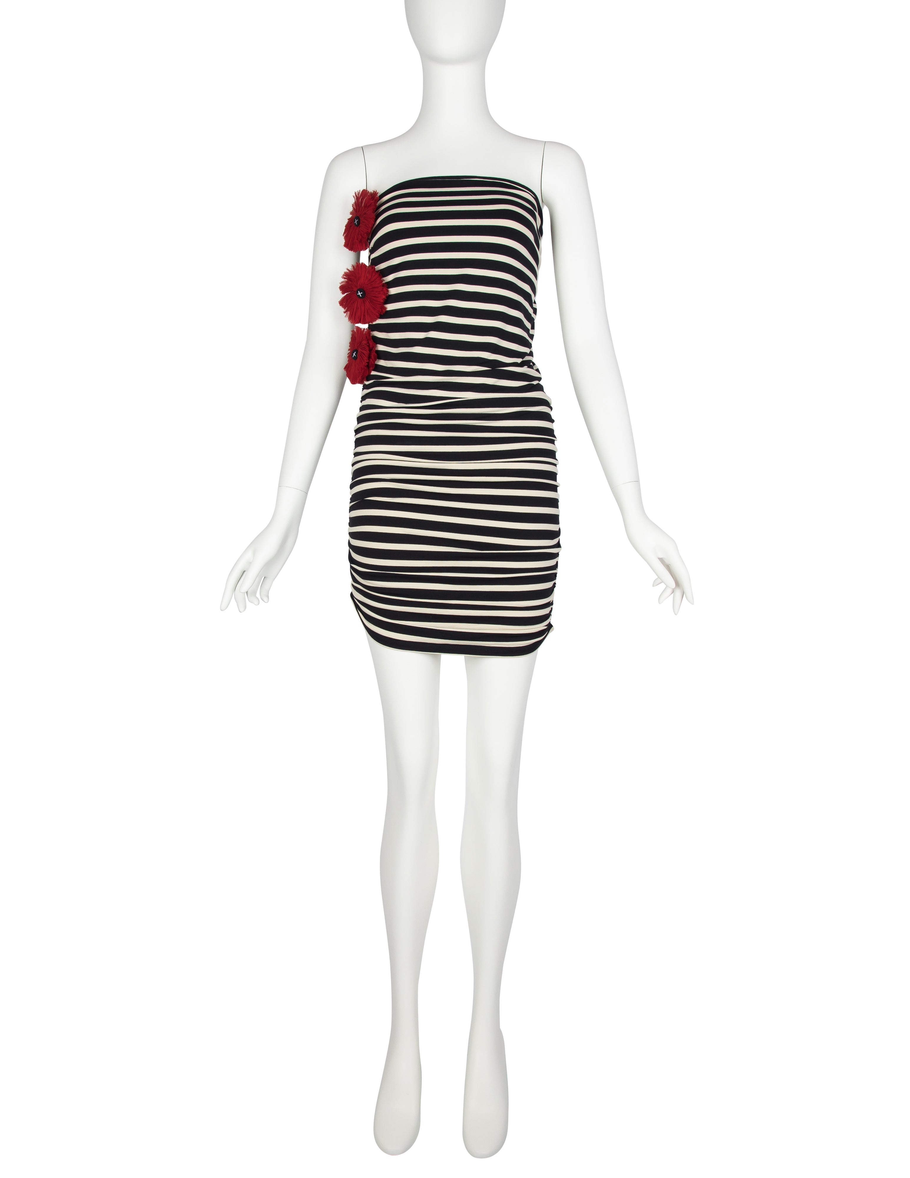 Jean Paul Gaultier Vintage Black White Striped Red Flower Ruched Mini Dress / Skirt