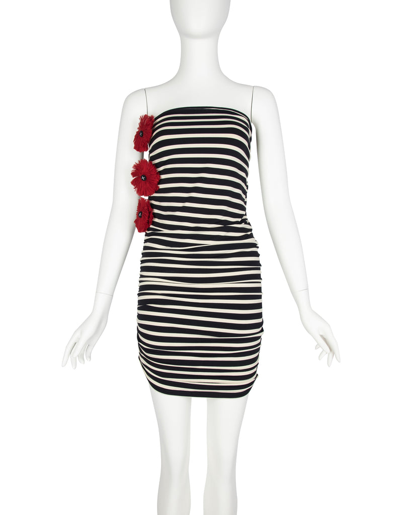 Jean Paul Gaultier Vintage Black White Striped Red Flower Ruched Mini Dress / Skirt