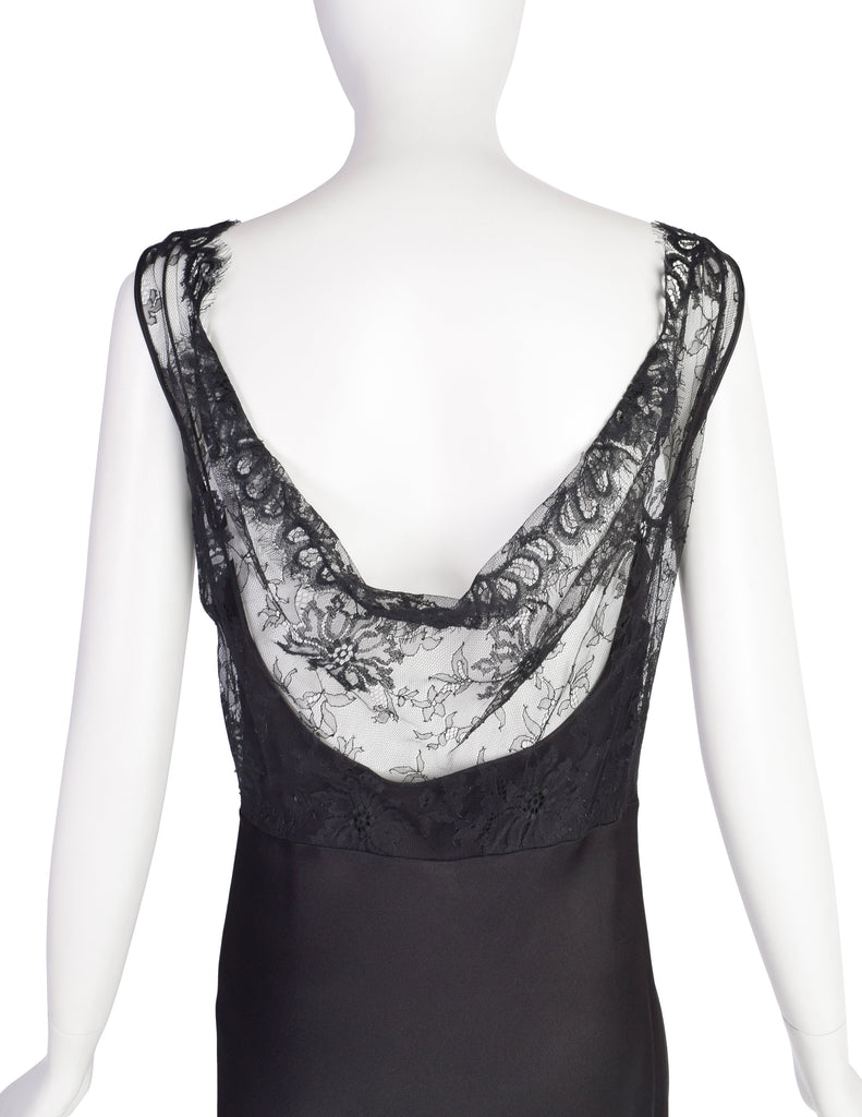 John Galliano Vintage AW2003 Black Hammered Satin Draping Lace Bias Dress