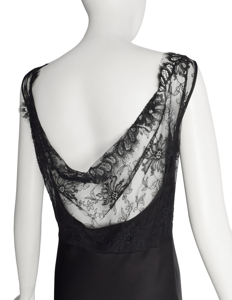 John Galliano Vintage AW2003 Black Hammered Satin Draping Lace Bias Dress