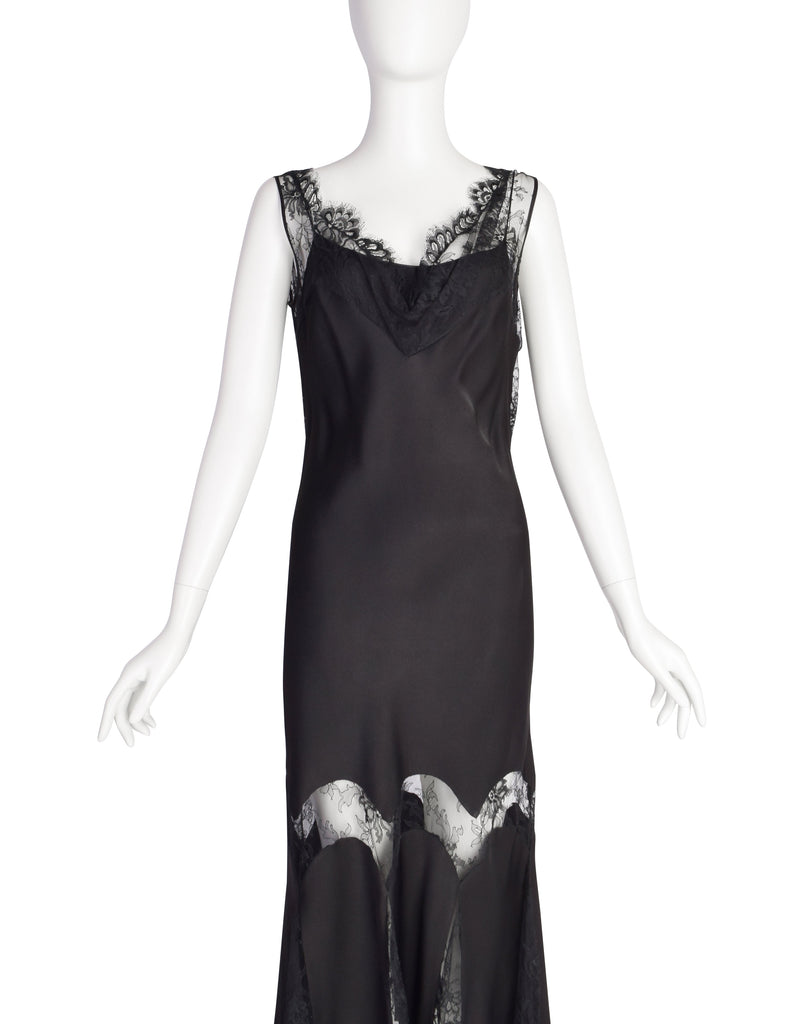 John Galliano Vintage AW2003 Black Hammered Satin Draping Lace Bias Dress