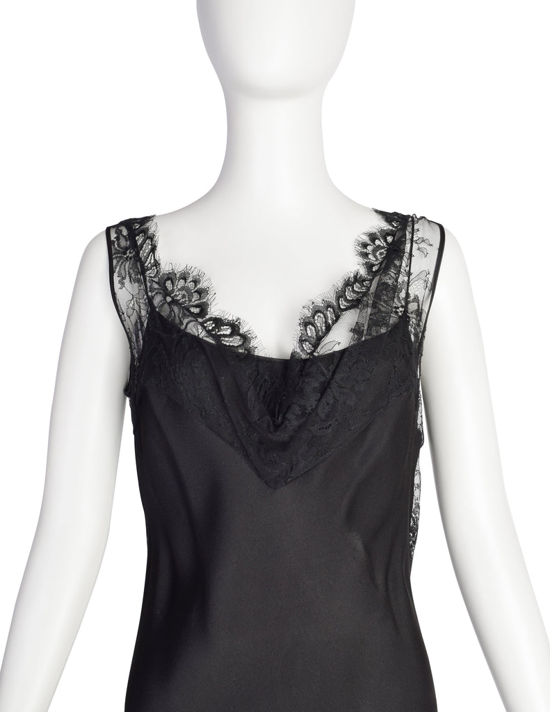 John Galliano Vintage AW2003 Black Hammered Satin Draping Lace Bias Dress