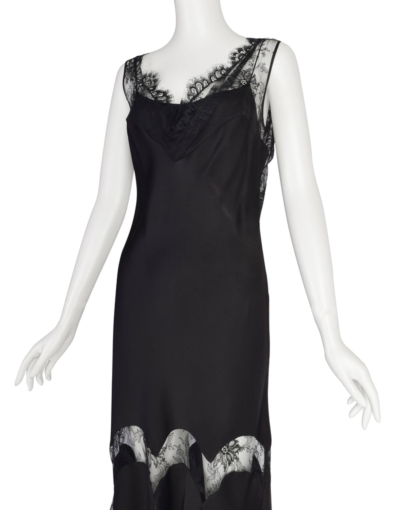 John Galliano Vintage AW2003 Black Hammered Satin Draping Lace Bias Dress