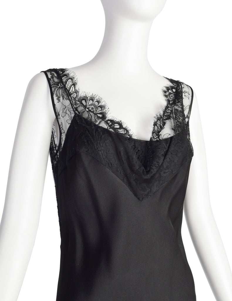 John Galliano Vintage AW2003 Black Hammered Satin Draping Lace Bias Dress