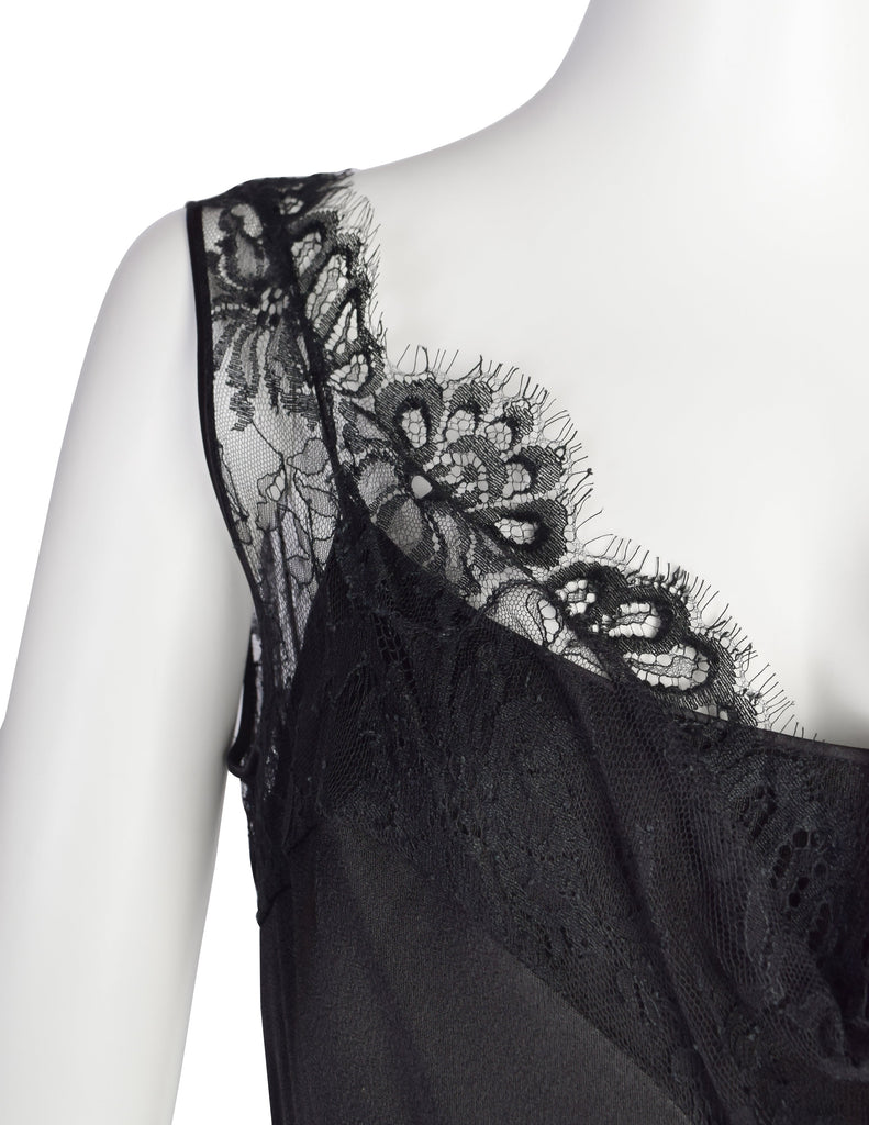 John Galliano Vintage AW2003 Black Hammered Satin Draping Lace Bias Dress