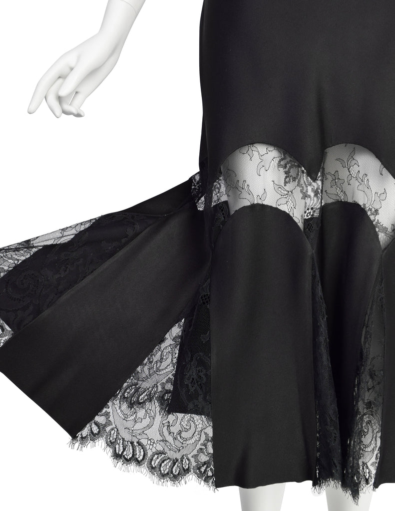John Galliano Vintage AW2003 Black Hammered Satin Draping Lace Bias Dress