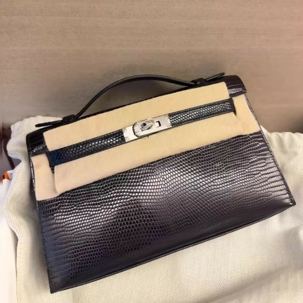 Hermès Mini Kelly Pochette Black Lizard Leather with Palladium Hardware