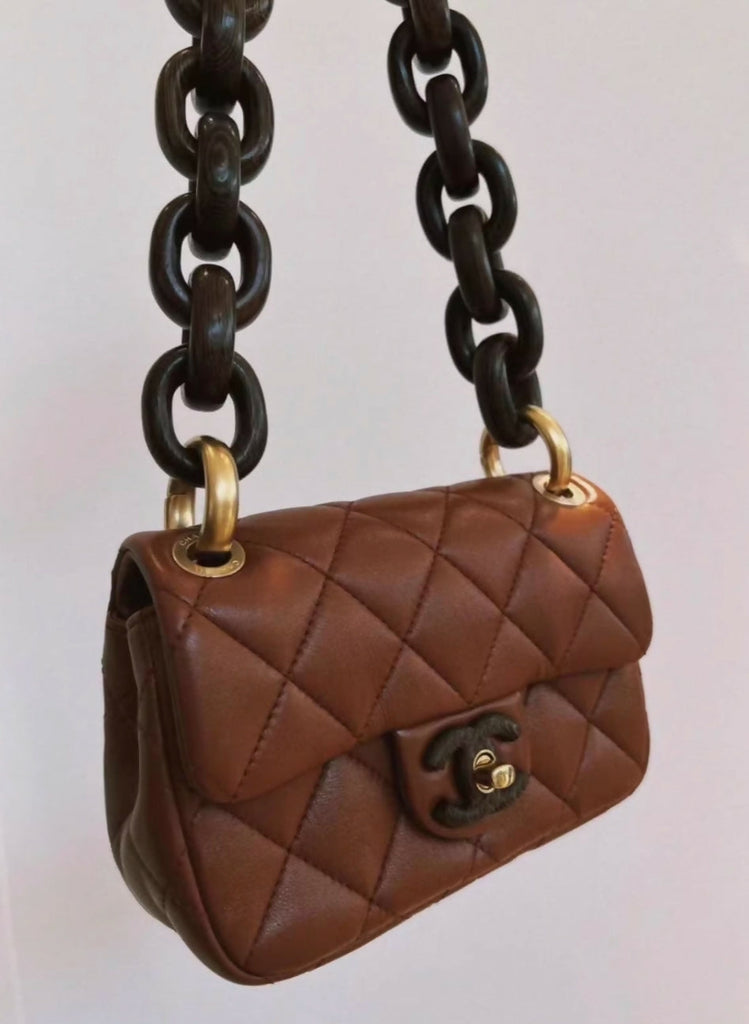 CHANEL CARAMEL BROWN PARIS-DAKAR WENGE WOOD MINI RECTANGULAR FLAP BAG