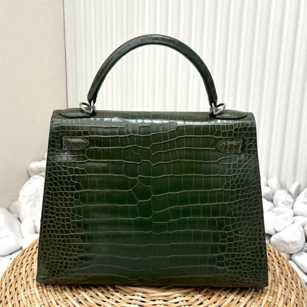 Hermès Kelly 28 Olive Green Matte Crocodile leather palladium hardware