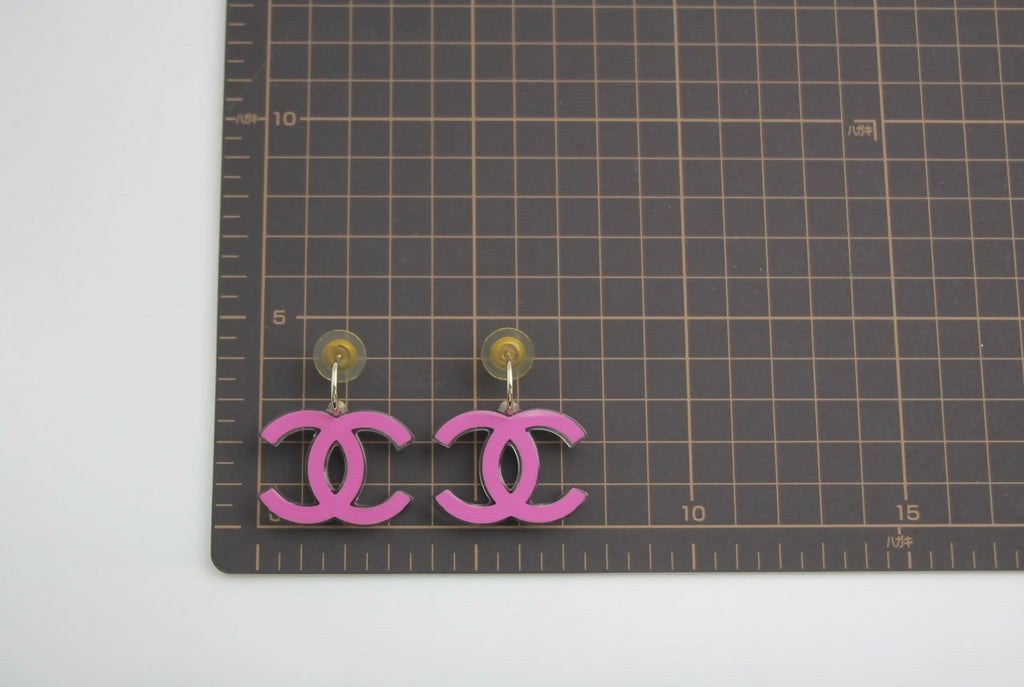 Chanel Vintage 07P Resin Pink and Clear Large CC Drop Hoop Earrings