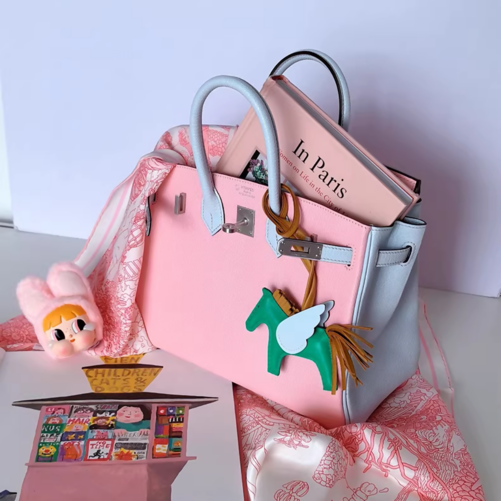 Hermès Birkin 25 3Q rose sakura pink & T0 Blue Brume Goatskin leather Brushed Palladium Hardware