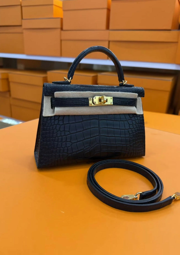 Hermes Mini Kelly Black Matte Crocodile Leather Gold Hardware