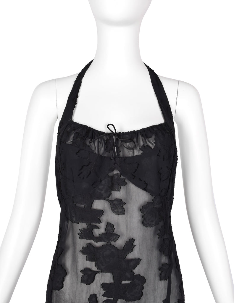 Martine Sitbon Vintage 1990s Sheer Black Floral High-Low Halter Dress
