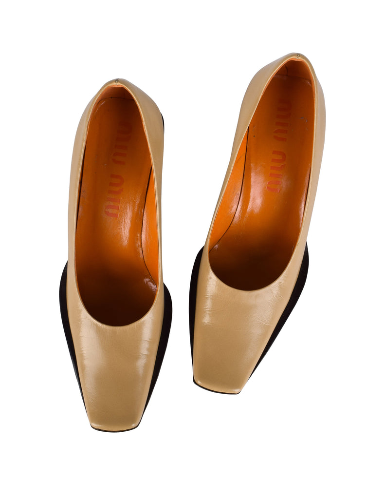 Miu Miu Vintage 1990s Beige and Brown Leather Square Toe Pumps