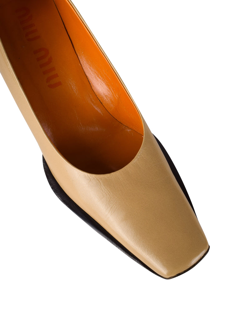 Miu Miu Vintage 1990s Beige and Brown Leather Square Toe Pumps