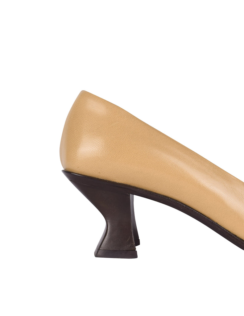 Miu Miu Vintage 1990s Beige and Brown Leather Square Toe Pumps