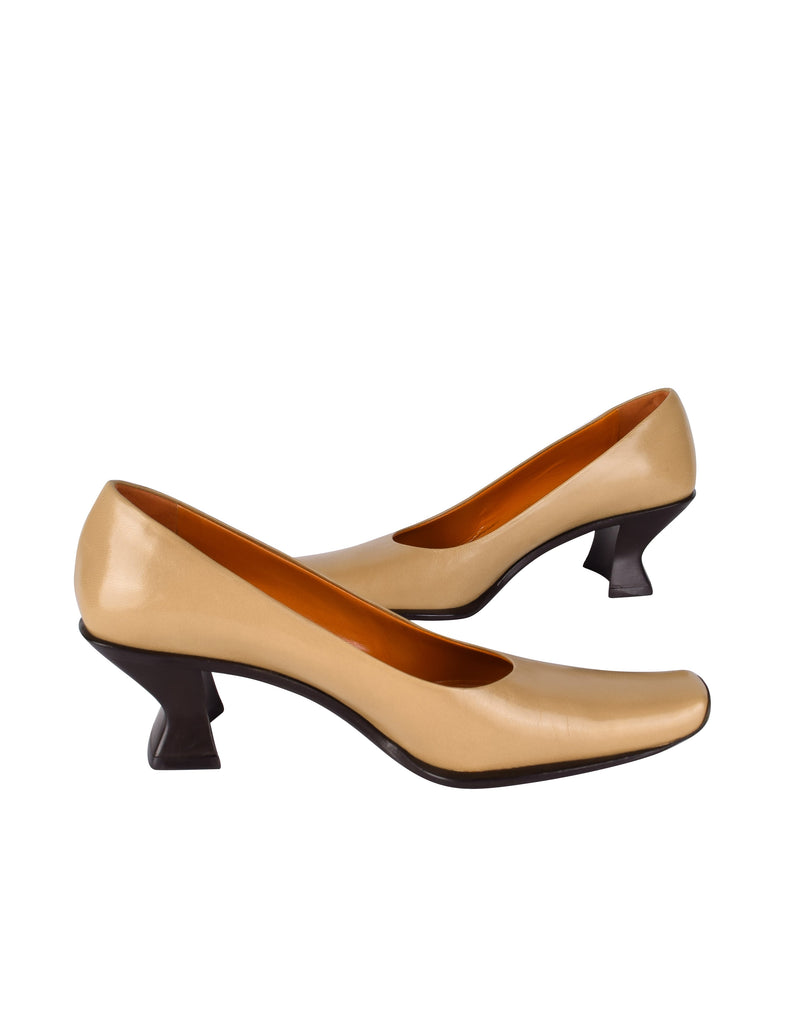 Miu Miu Vintage 1990s Beige and Brown Leather Square Toe Pumps