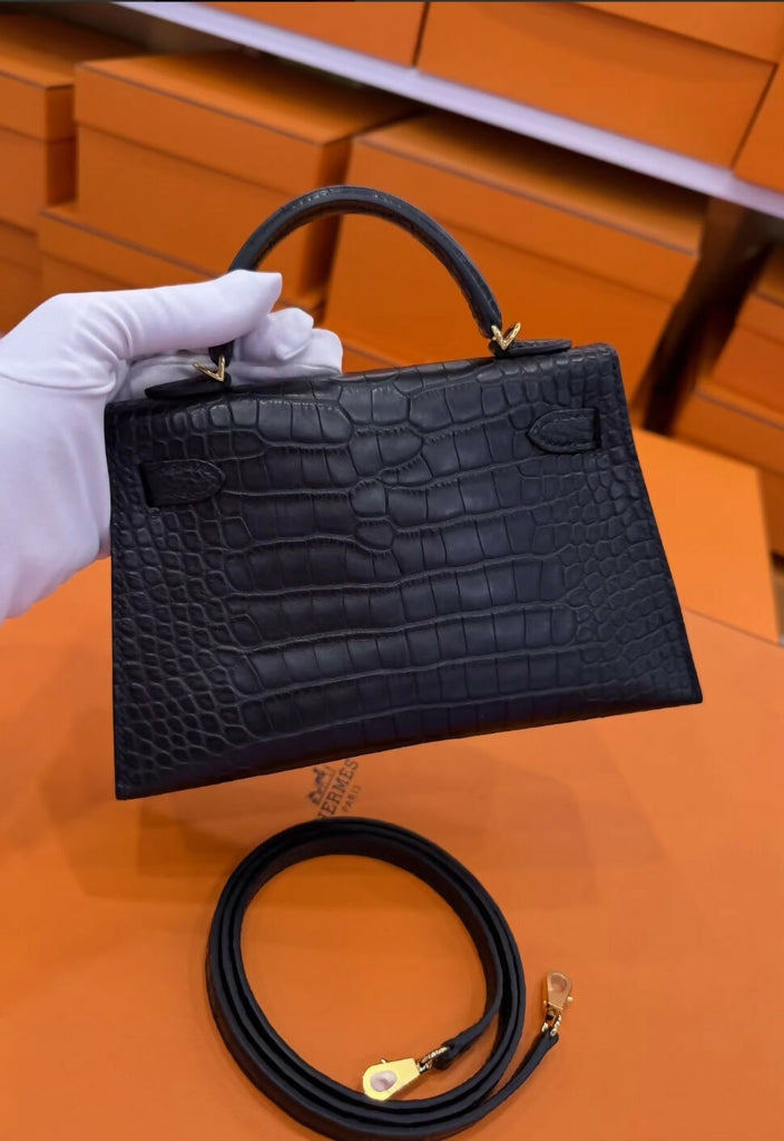 Hermes Mini Kelly Black Matte Crocodile Leather Gold Hardware