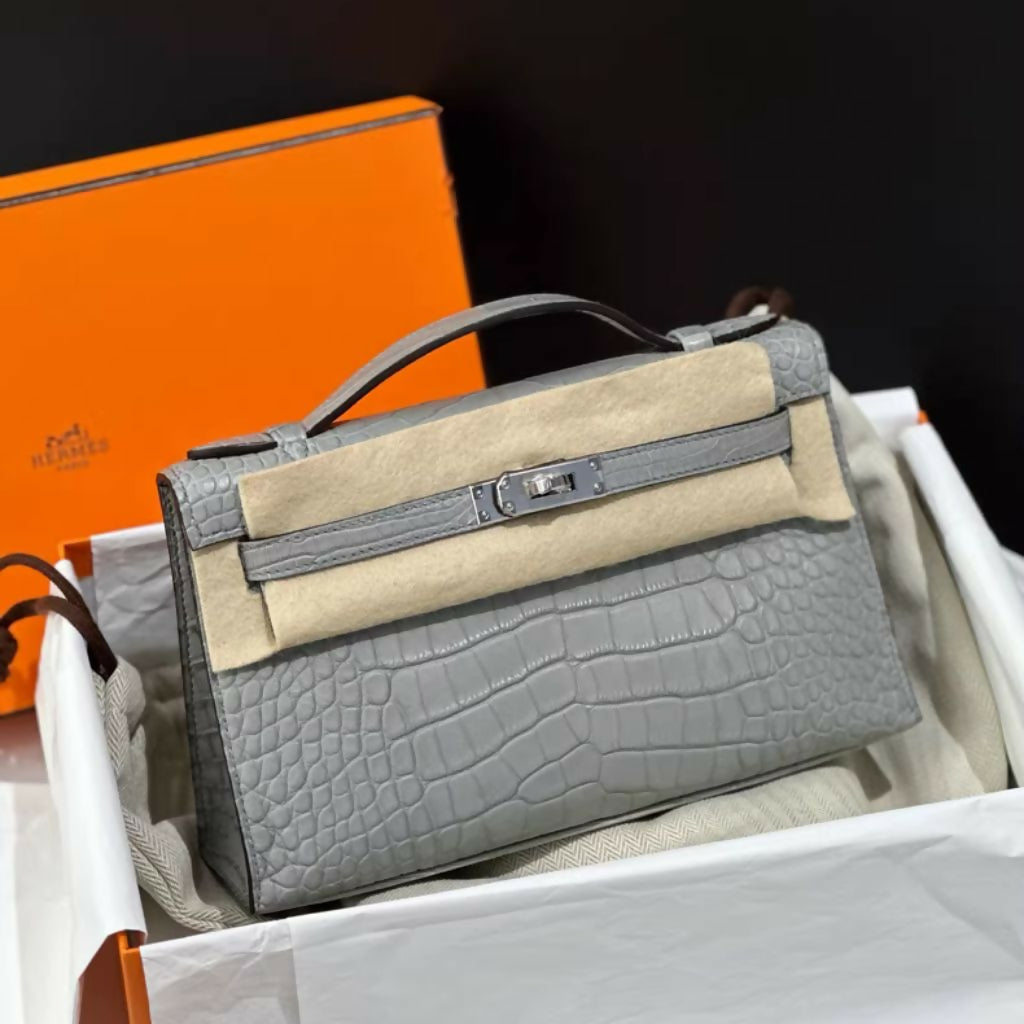 Hermes Mini Kelly Pochette Gris Ciment Matte Alligator Leather Palladium hardware