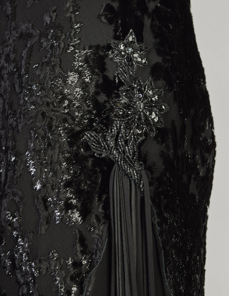 Mira Vintage Black Silk Chiffon Devore Velvet Bias Layered Beaded Dress