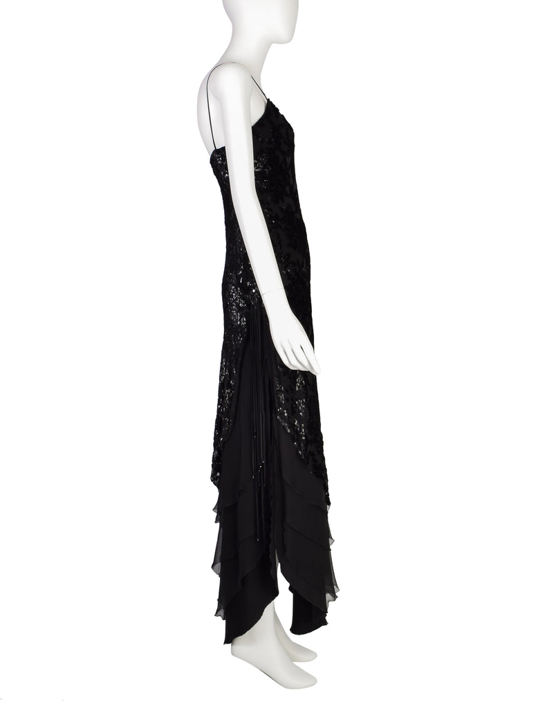 Mira Vintage Black Silk Chiffon Devore Velvet Bias Layered Beaded Dress